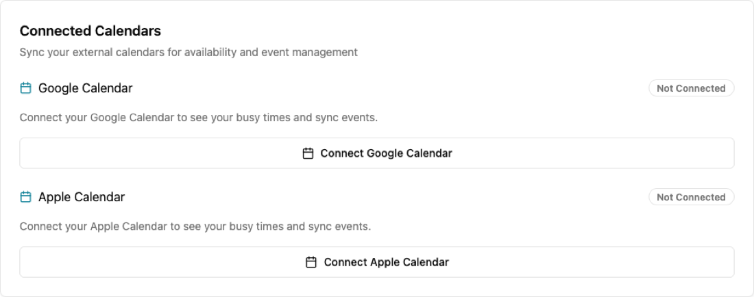 Connected Calendars settings with one-tap Connect Google and Connect Apple options