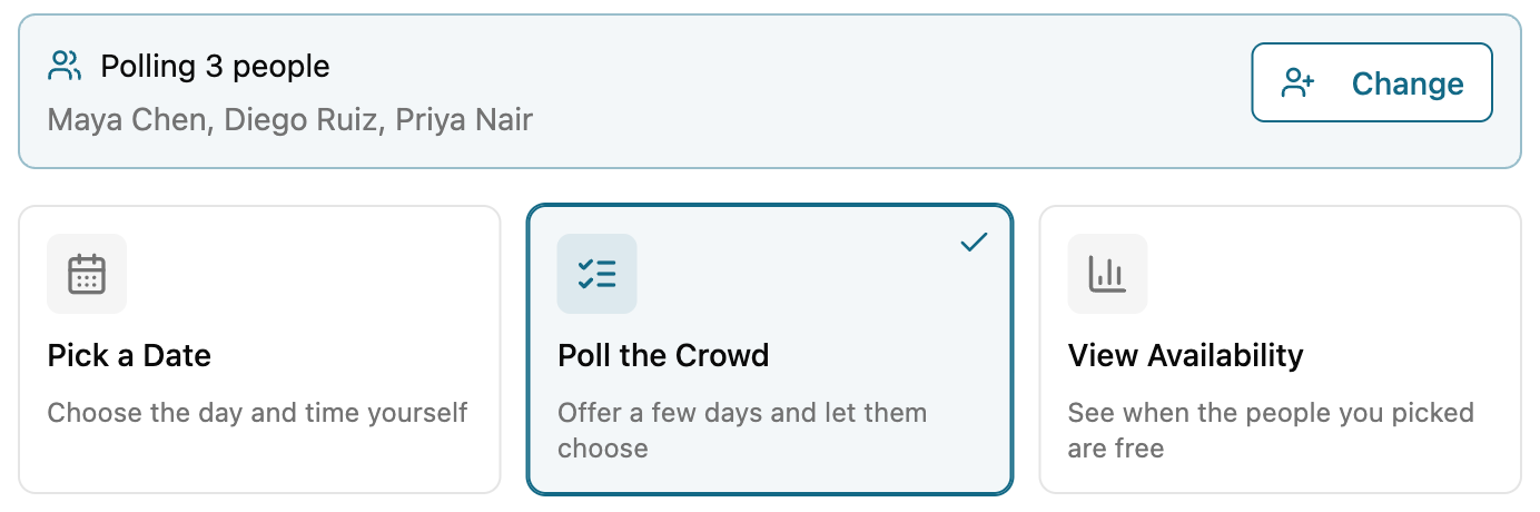 The "Who & when" step with three ways to answer when: Pick a Date, Poll the Crowd, and View Availability